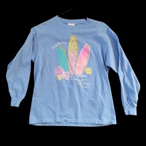 Ron Jon surf shop long sleeve tee shirt, youth large, light blue, surfboards